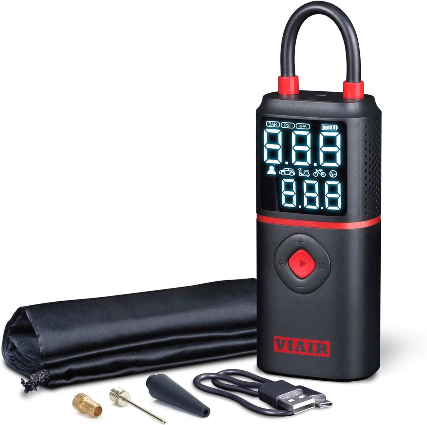 EVC - Every Vehicle Carry™ Rechargeable Tire Inflator Portable Air Compressor with LED Light, Electric Air Pump for Cars, Bicycles, Motorcycles, Digital LED Display with Preset Function