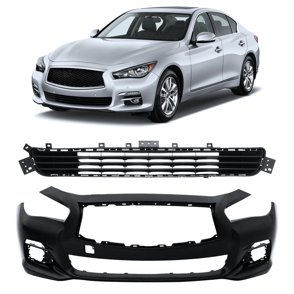 New Front Bumper Cover W/Front Upper & Lower Grille for Infiniti Q50 2014-2017
