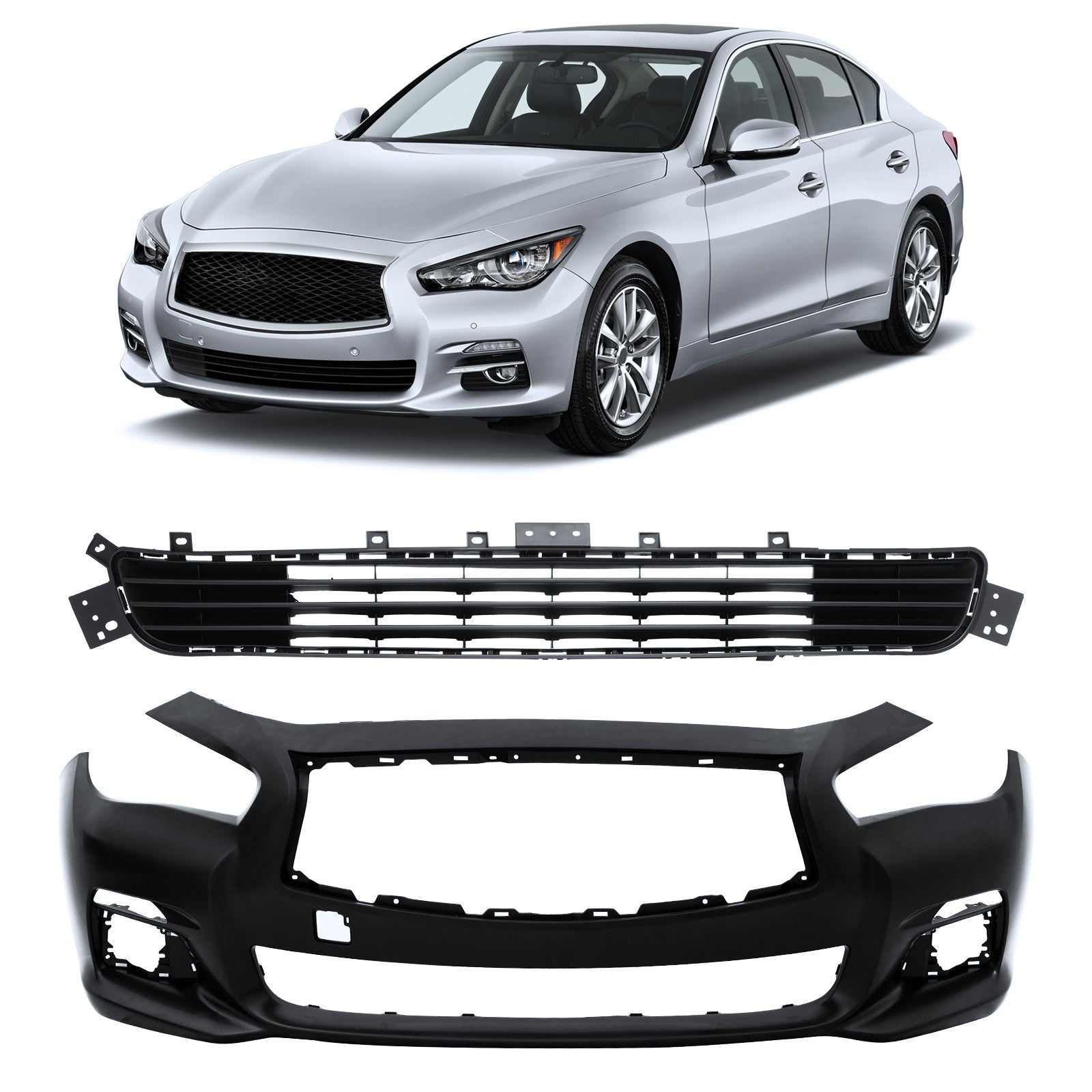 New Front Bumper Cover W/Front Upper & Lower Grille for Infiniti Q50 2014-2017