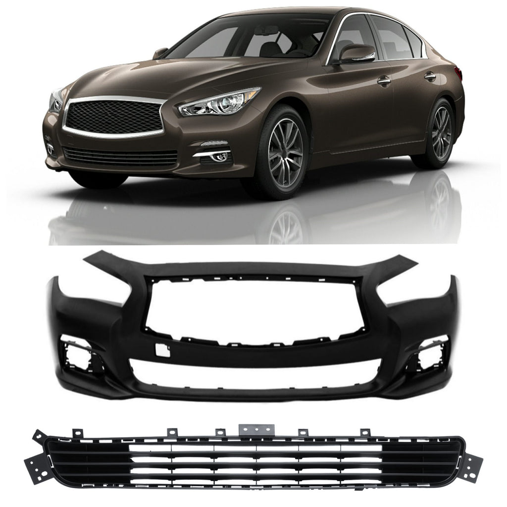 New Front Bumper Cover W/Front Upper & Lower Grille for Infiniti Q50 2014-2017