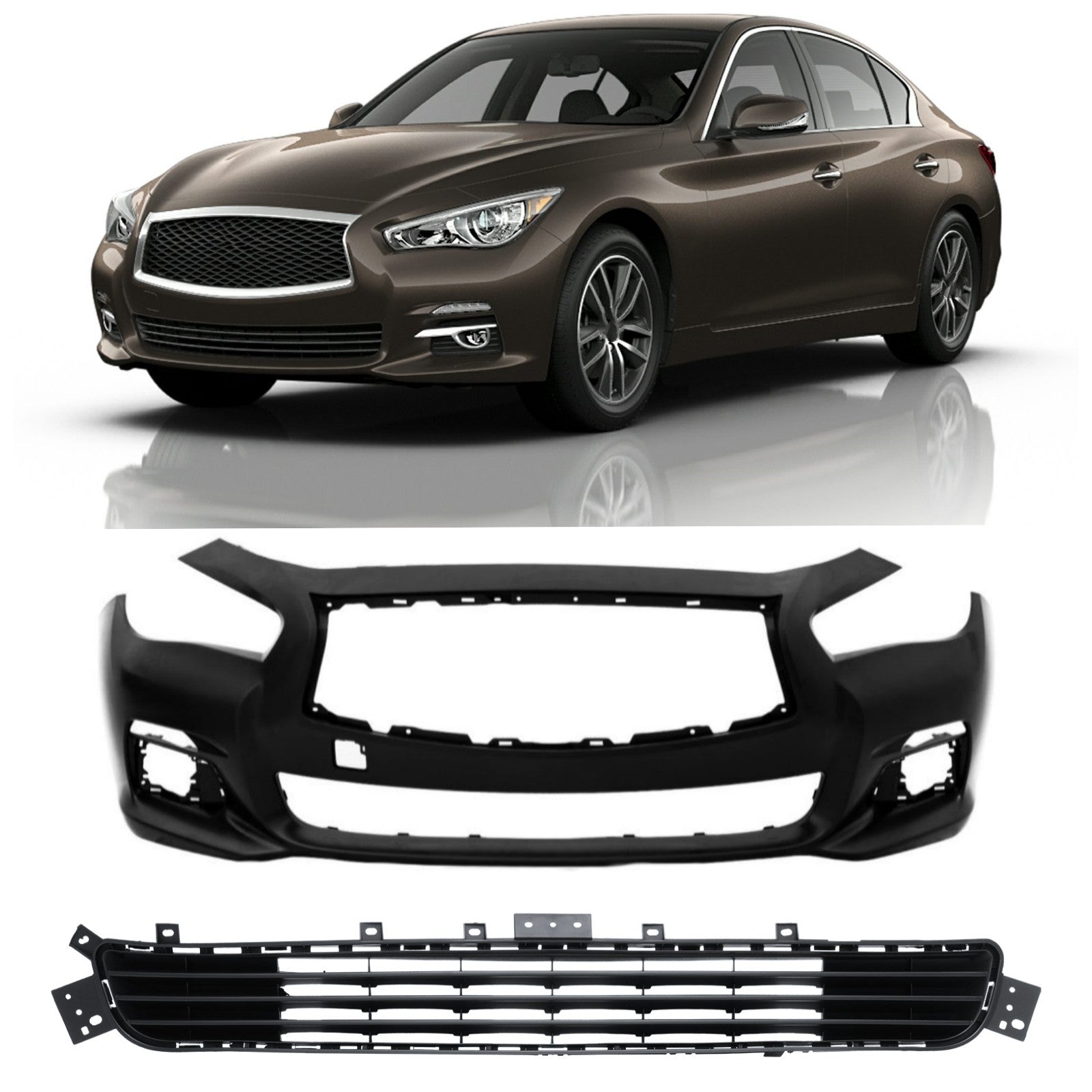 New Front Bumper Cover W/Front Upper & Lower Grille for Infiniti Q50 2014-2017