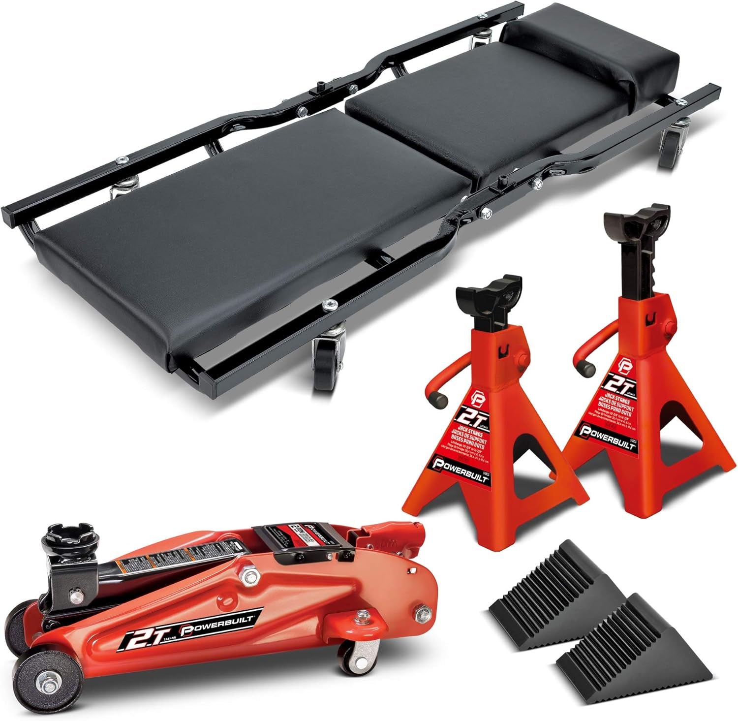 6 Piece Car Jack and Garage Creeper Service Set, 2 Ton Vehicle Lift, Jackstands, Folding Creeper, Wheel Chocks, Car Repair Garage Equipment - 640816, Large, Red