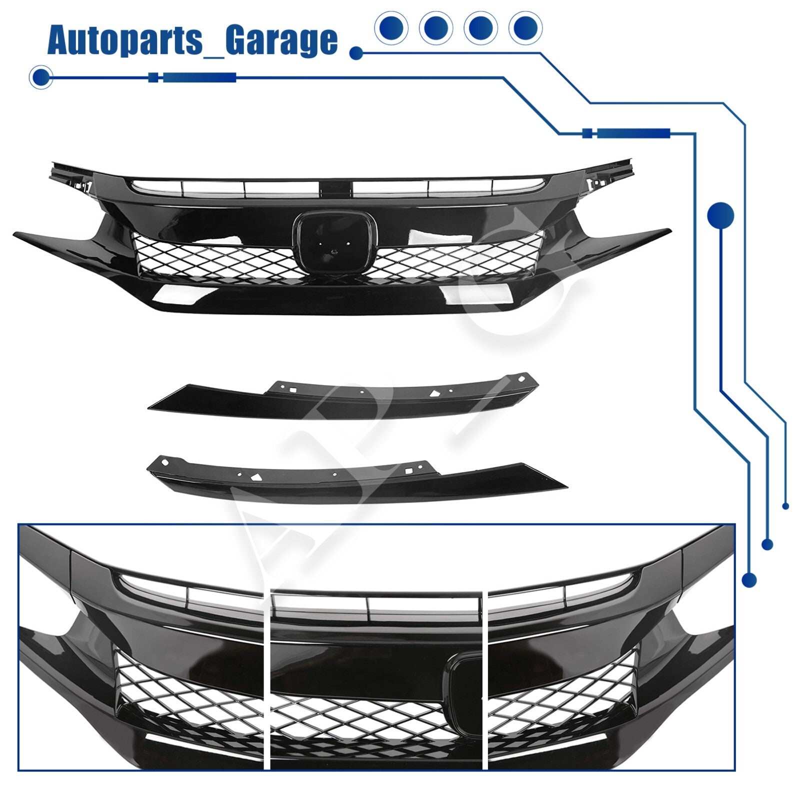 Type R Style Front Bumper Cover Kit W/ Grille & Lip Fit for Honda Civic 2016-21