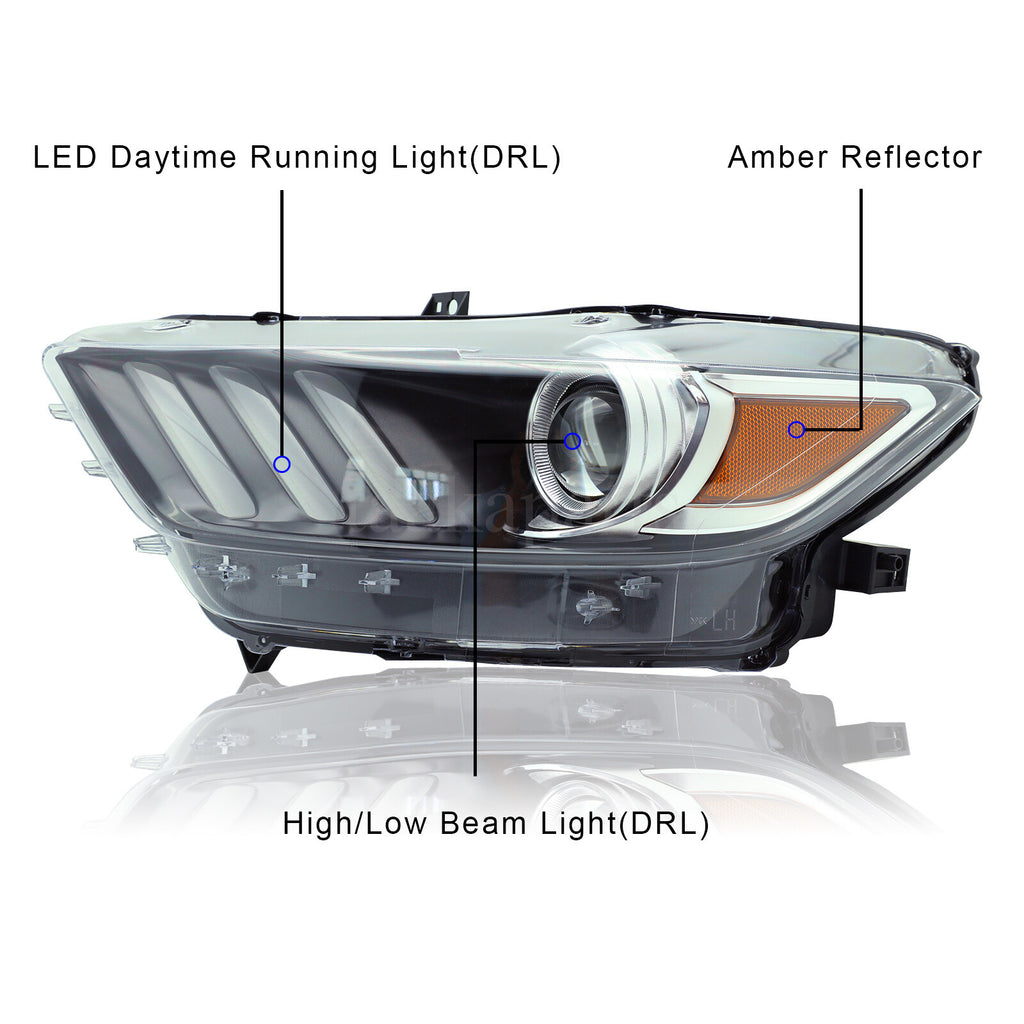 Front Left Headlight Hid/Xenon for 2015 2016 2017 Ford Mustang Driver W/LED DRL