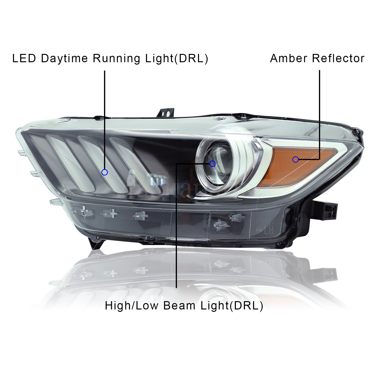 Front Left Headlight Hid/Xenon for 2015 2016 2017 Ford Mustang Driver W/LED DRL