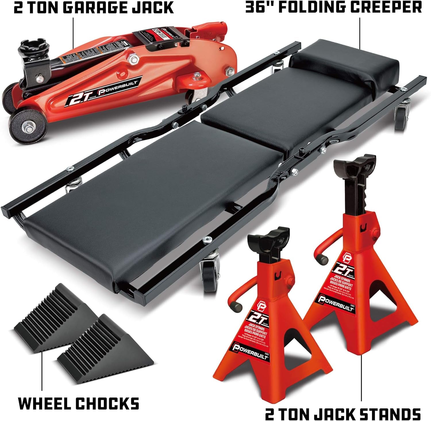 6 Piece Car Jack and Garage Creeper Service Set, 2 Ton Vehicle Lift, Jackstands, Folding Creeper, Wheel Chocks, Car Repair Garage Equipment - 640816, Large, Red