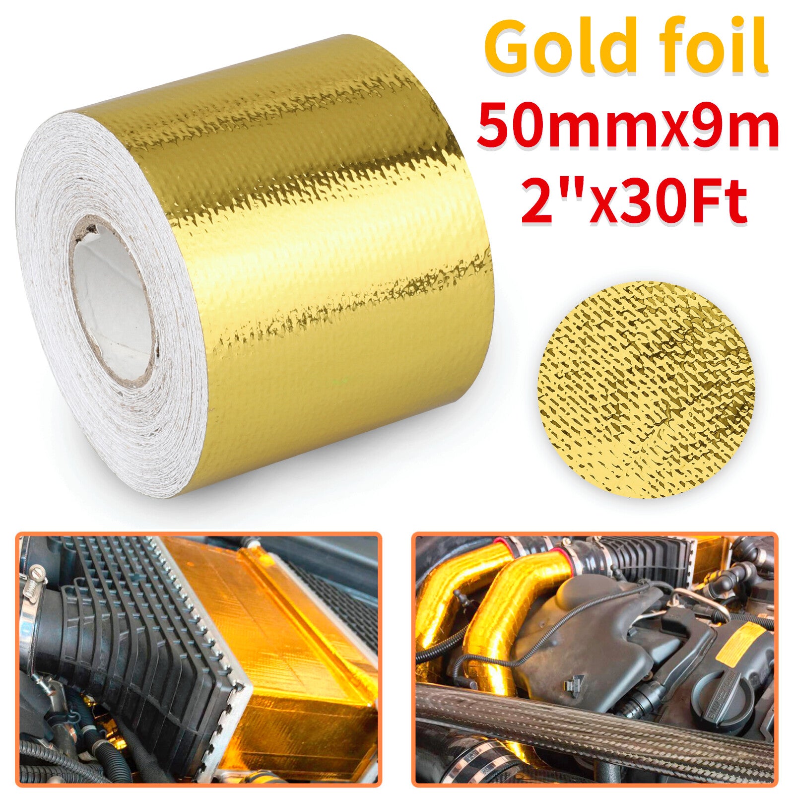 2" 30FT Gold Intake Heat Reflective Tape Wrap Self-Adhesive High Temperature US