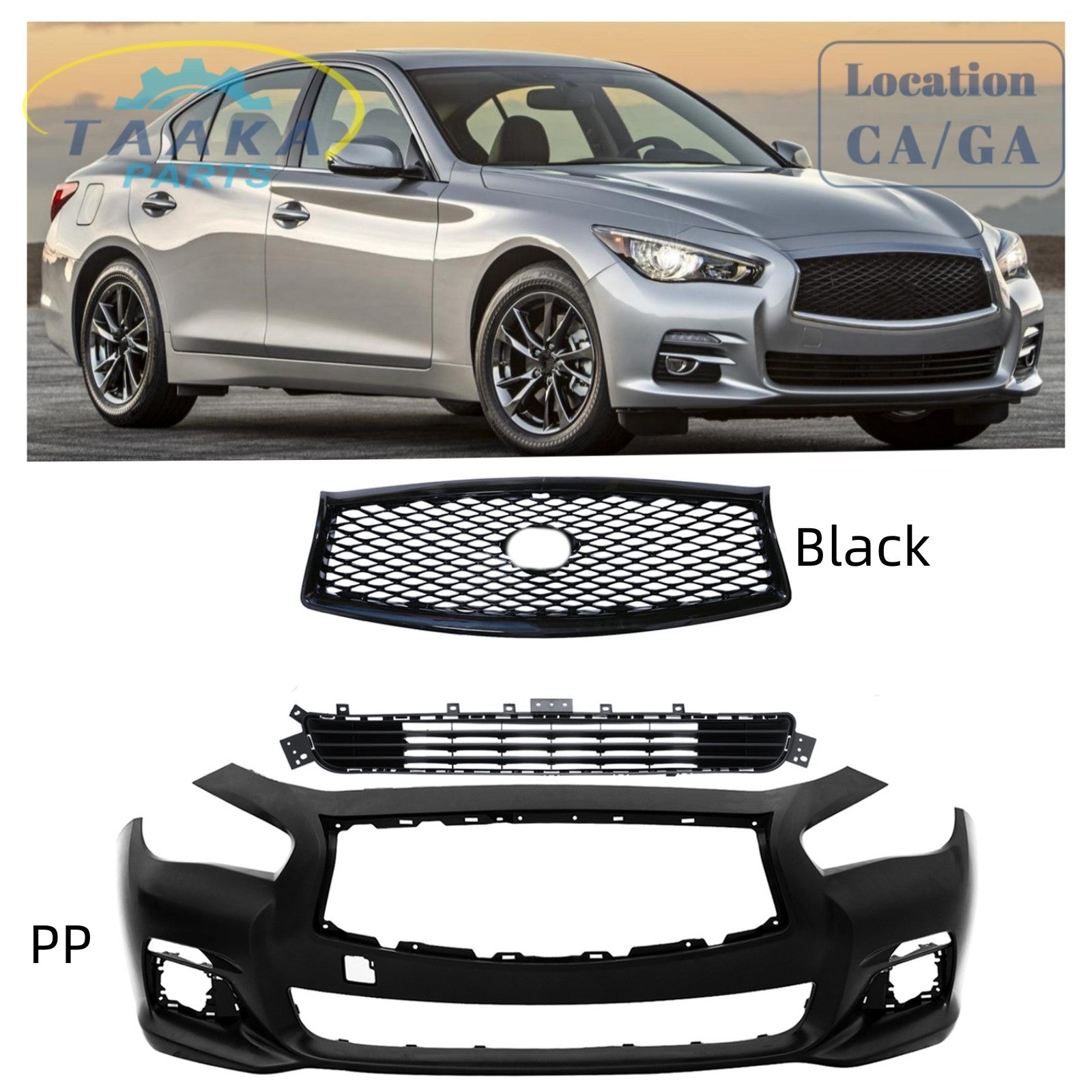 New Front Bumper Cover W/Front Upper & Lower Grille for Infiniti Q50 2014-2017