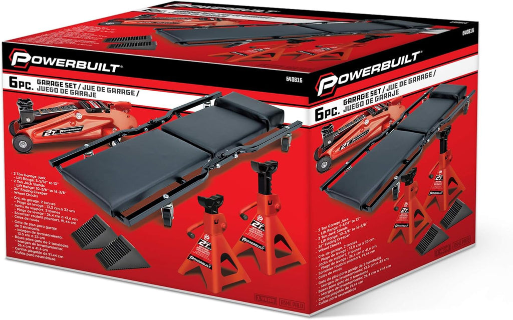 6 Piece Car Jack and Garage Creeper Service Set, 2 Ton Vehicle Lift, Jackstands, Folding Creeper, Wheel Chocks, Car Repair Garage Equipment - 640816, Large, Red