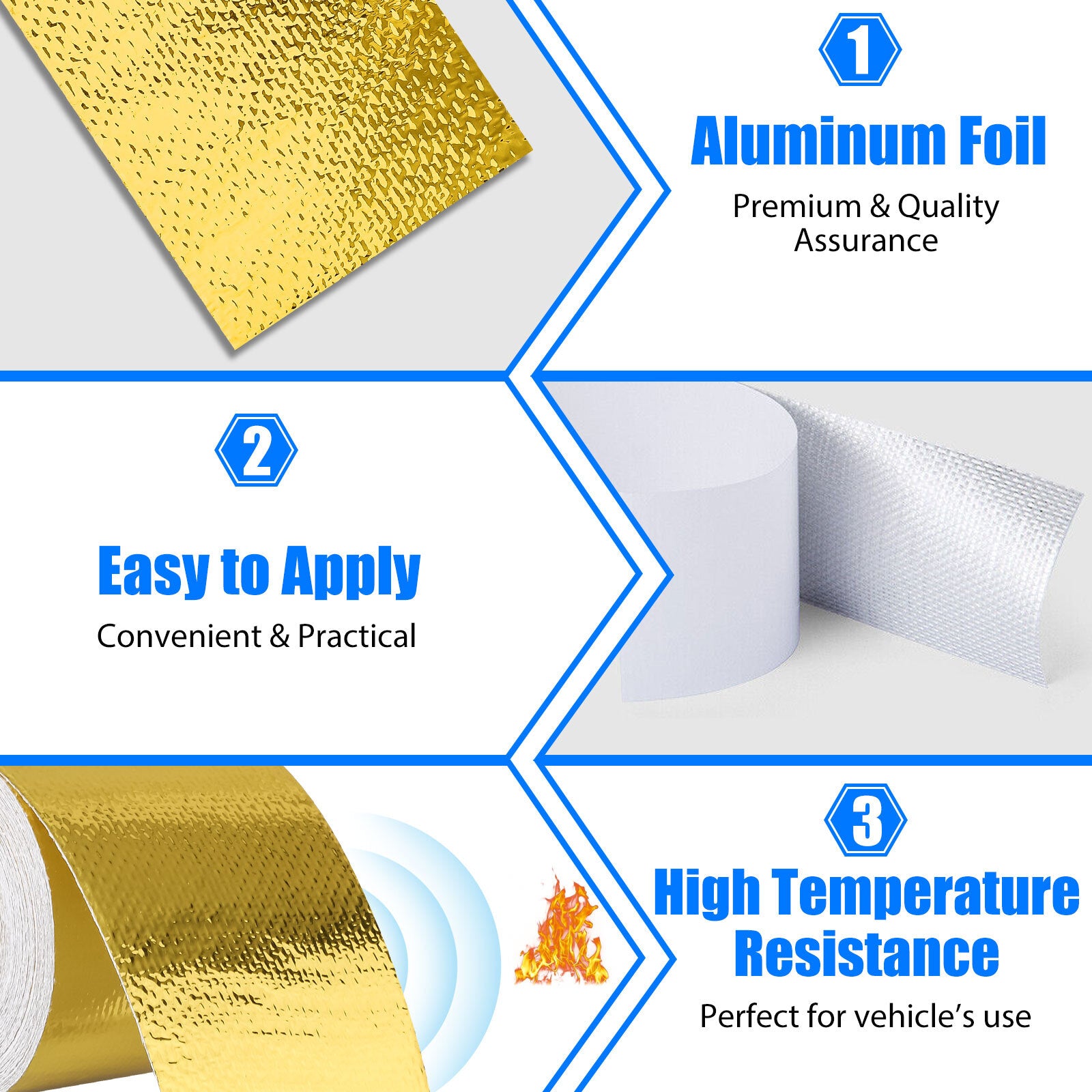 2" 30FT Gold Intake Heat Reflective Tape Wrap Self-Adhesive High Temperature US